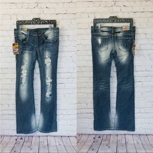 Machine Ripped Denim Jeans Boot Cut / Acid Wash